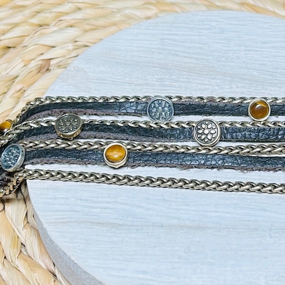 LUCKY Brand Multi Strand Tigers Eye Brown Suede & Brass Tone Chain Bracelet - Picture 8 of 11